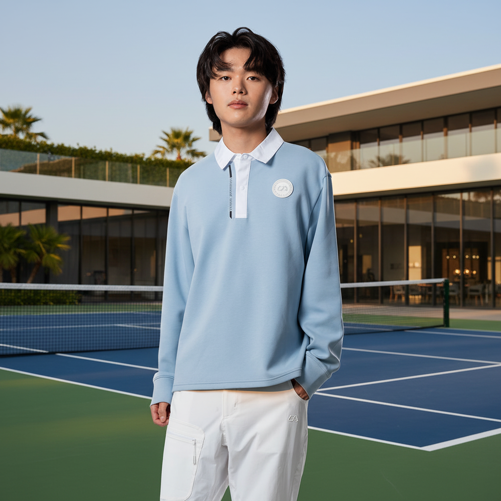 Image of Fashion tennis polo with premium court background