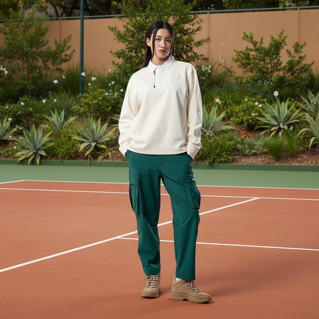 Image of Green cargo pants with color-matched tennis court background