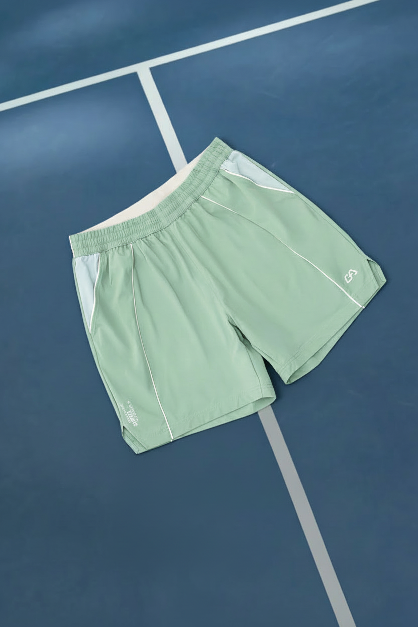 Image of Mint green shorts on tennis court - text removed