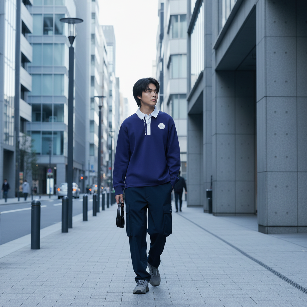 Image of Model with navy cargo pants in outdoor urban setting - square