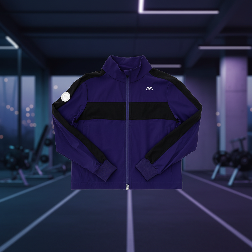 Image of Purple and black athletic jacket with performance background