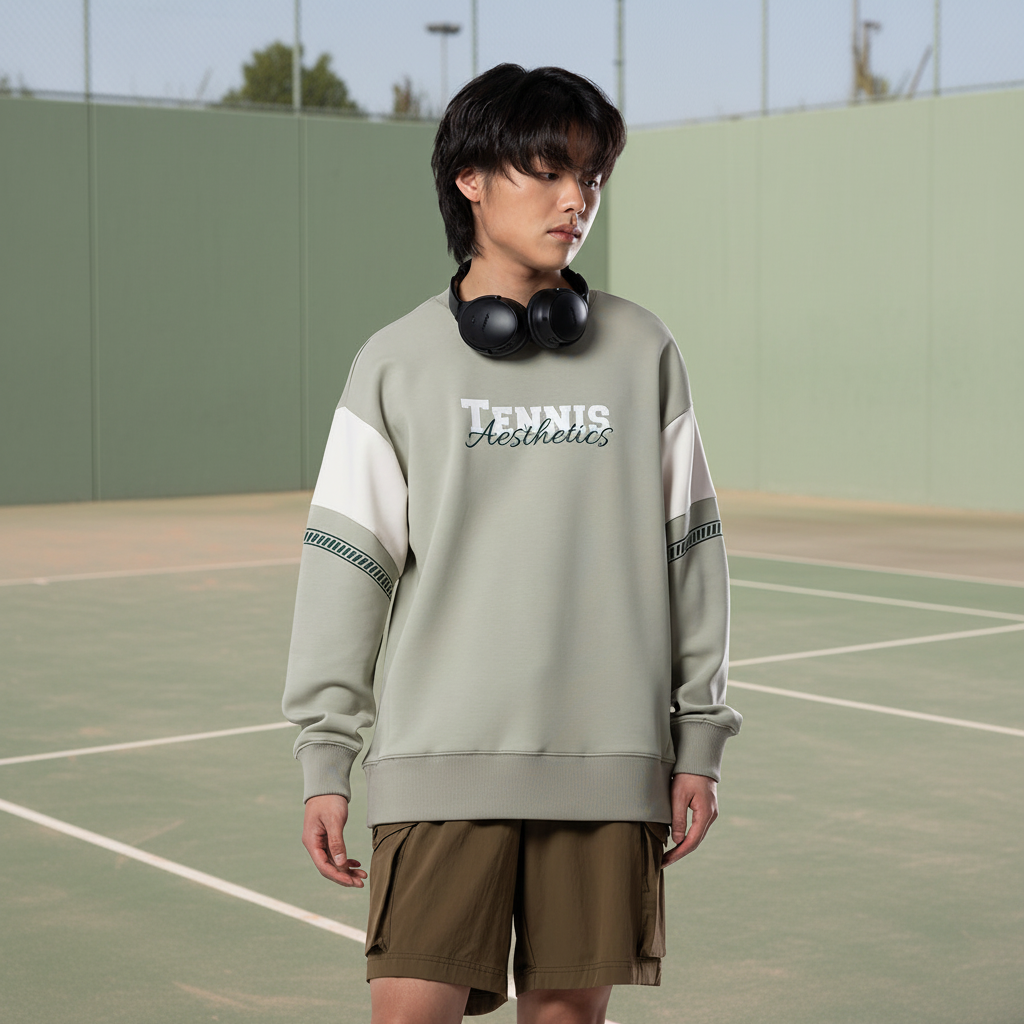 Image of Tennis sweatshirt with color-matched tennis court background