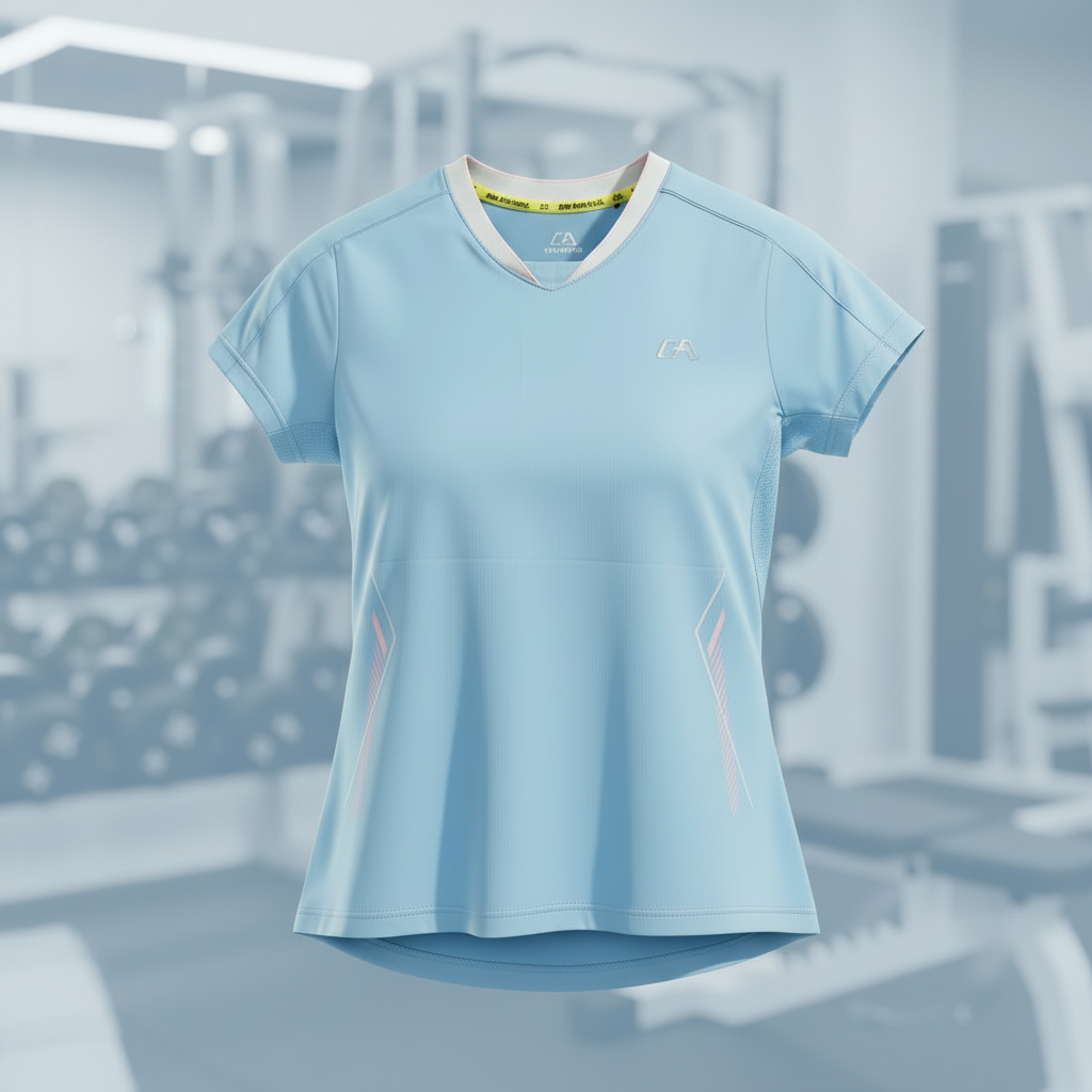 Image of Training shirt with complementary cool-toned gym background